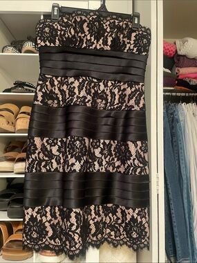 BCBG Max Azria Strapless Black Lace Overlay Dress with Nude Lining